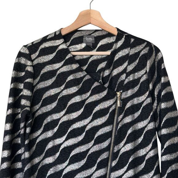CHICO'S Travelers S Black  Metallic Wavy Striped Asymmetrical Zip-Up Jacket - Picture 6 of 14